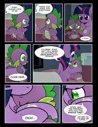 Size: 1275x1650 | Tagged: safe, artist:dsana, imported from derpibooru, spike, twilight sparkle, dragon, pony, comic:to look after, bed, comic, hospital, hospital bed, hug, mama twilight, sad, spikelove