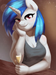 Size: 1500x2000 | Tagged: safe, artist:burgerkiss, imported from derpibooru, dj pon-3, vinyl scratch, anthro, alcohol, breasts, busty vinyl scratch, champagne, cleavage, clothes, colored pupils, eyelashes, female, glass, looking at you, romantic, solo, tanktop, wine