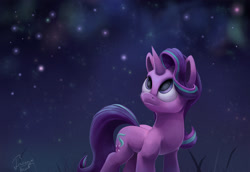 Size: 1708x1174 | Tagged: safe, artist:insanerobocat, imported from derpibooru, starlight glimmer, pony, female, looking up, night, signature, solo, starry eyes, stars, wingding eyes