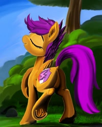Size: 968x1208 | Tagged: safe, artist:ponsce, imported from derpibooru, scootaloo, pegasus, pony, butt, dock, eyes closed, featureless crotch, female, filly, foal, plot, raised hoof, scootabutt, solo, underhoof