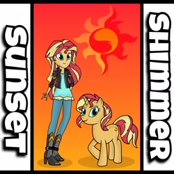 Size: 1990x1993 | Tagged: dead source, safe, artist:drewmwhit, imported from derpibooru, sunset shimmer, pony, equestria girls, boots, clothes, female, high heel boots, human ponidox, jacket, leather jacket, pants, raised hoof, self paradox, self ponidox, solo