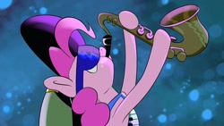 Size: 1366x768 | Tagged: safe, artist:chibadeer, imported from derpibooru, pinkie pie, pony, clothes, cosplay, costume, crossover, female, hat, jazz, musical instrument, my fair hatey, roleplaying, saxophone, solo, space, sunglasses, wander over yonder