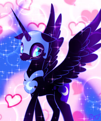 Size: 781x939 | Tagged: safe, artist:phoenixperegrine, imported from derpibooru, nightmare moon, alicorn, pony, blushing, cute, female, floppy ears, heart, moonabetes, nicemare moon, shy, solo, sparkles, spread wings, wings