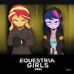 Size: 2400x2400 | Tagged: safe, artist:0ndshok, imported from derpibooru, sci-twi, sunset shimmer, twilight sparkle, equestria girls, duo, gun, movie poster, weapon