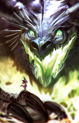 Size: 1186x1852 | Tagged: safe, artist:imalou, imported from derpibooru, spike, oc, dragon, claws, confrontation, duo, fire, fire breath, horns, looking at each other, menacing, open mouth