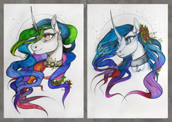 Size: 1280x909 | Tagged: safe, artist:casynuf, imported from derpibooru, princess celestia, princess luna, curved horn, traditional art