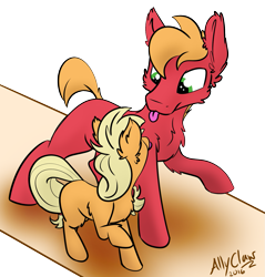 Size: 1227x1284 | Tagged: safe, artist:allyclaw, imported from derpibooru, applejack, big macintosh, pony, brother and sister, chest fluff, cute, ear fluff, female, filly, filly applejack, male, raspberry, silly, silly pony, tongue out, who's a silly pony, younger