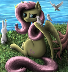 Size: 2057x2172 | Tagged: safe, artist:vladimir-olegovych, imported from derpibooru, angel bunny, fluttershy, bird, pegasus, pony, grass, looking back, sitting, smiling, water