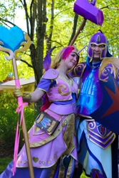 Size: 1094x1642 | Tagged: safe, artist:drakmire, artist:whiteheather, imported from derpibooru, princess cadance, shining armor, human, clothes, cosplay, costume, everfree northwest, everfree northwest 2015, hammer, irl, irl human, male, photo, shield, shiningcadance, shipping, staff, straight