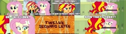 Size: 4040x1096 | Tagged: safe, edit, imported from derpibooru, fluttershy, sunset shimmer, equestria girls, absurd resolution, abuse, abuse edit, edgy, flutterbuse, goodfellas, spongebob squarepants, spongebob time card, vulgar