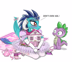 Size: 3500x3100 | Tagged: safe, artist:avchonline, imported from derpibooru, princess ember, spike, dragon, blushing, broken, canterlot royal ballet academy, clothes, cute, dollhouse, hello kitty, missing ear, open mouth, sanrio, simple background, tea, teacup, tomboy taming, white background