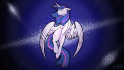 Size: 4000x2250 | Tagged: safe, artist:dragonwolfrooke, imported from derpibooru, twilight sparkle, alicorn, pony, eyes closed, female, high res, horn, mare, signature, solo, song cover, spread wings, twilight sparkle (alicorn), wallpaper, wings