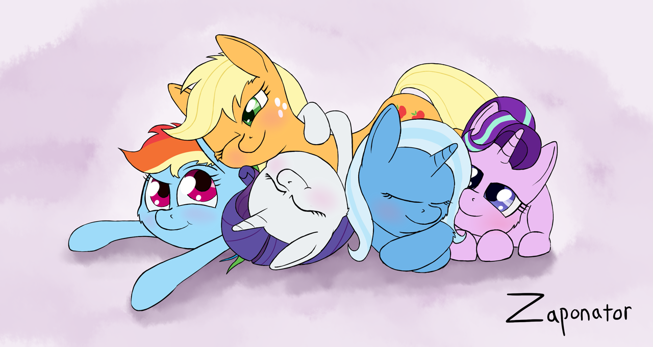 1331160 - safe, rainbow dash, rarity, applejack, trixie, starlight glimmer,  female, pony, mare, unicorn, smiling, blushing, eyes closed, one eye  closed, lidded eyes, hug, prone, sleeping, cuddling, snuggling, cheek  fluff, pony pile,