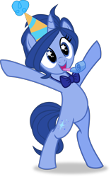 Size: 4696x7500 | Tagged: safe, artist:limedazzle, imported from derpibooru, oc, oc only, oc:janey, pony, unicorn, absurd resolution, bipedal, bipedal leaning, bowtie, female, hat, leaning, mare, party hat, party horn, show accurate, simple background, solo, starry eyes, transparent background, wingding eyes