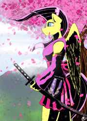 Size: 2000x2800 | Tagged: safe, artist:mopyr, imported from derpibooru, fluttershy, anthro, badass, clothes, female, flutterbadass, katana, kimono (clothing), solo, sword, weapon