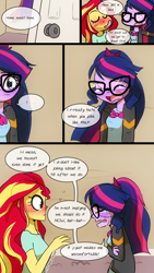 Size: 720x1280 | Tagged: safe, artist:little-tweenframes, deleted from derpibooru, imported from derpibooru, sci-twi, sunset shimmer, twilight sparkle, series:sciset diary, equestria girls, blushing, clothes, comic, crying, dialogue, door, drunk, female, glasses, lesbian, sad, scitwishimmer, shipping, sunsetsparkle