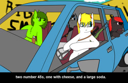 Size: 1203x778 | Tagged: safe, artist:azuresartden, deleted from derpibooru, imported from derpibooru, oc, oc only, oc:alter ego, oc:color, oc:greenleafy, oc:thunder flare, big smoke, car, foxpony, glasses, graffiti, grand theft auto, gta san andreas, gun, meme, weapon