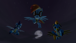 Size: 1920x1080 | Tagged: safe, artist:charlydasher, imported from derpibooru, rainbow dash, soarin', spitfire, pony, 3d, clothes, full moon, gmod, moon, night, nightwatch, stars, wonderbolts, wonderbolts uniform