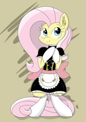 Size: 750x1064 | Tagged: safe, artist:meowmavi, imported from derpibooru, fluttershy, pony, bipedal, clothes, cute, ear fluff, female, fluttermaid, gloves, hooves together, maid, shyabetes, solo, stockings