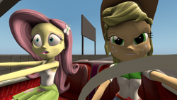 Size: 1280x720 | Tagged: safe, artist:fikran0582, artist:laptosic, imported from derpibooru, applejack, fluttershy, equestria girls, 3d, car, driving, race, source filmmaker