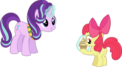 Size: 11599x6400 | Tagged: safe, artist:parclytaxel, imported from derpibooru, apple bloom, starlight glimmer, earth pony, pony, unicorn, a hearth's warming tail, .svg available, absurd resolution, cupcake, female, filly, food, magic, mare, musical instrument, simple background, smiling, tambourine, telekinesis, transparent background, vector