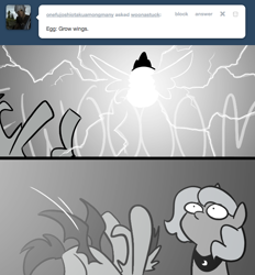 Size: 666x718 | Tagged: safe, artist:egophiliac, imported from derpibooru, princess luna, oc, oc:frolicsome meadowlark, oc:sunshine smiles (egophiliac), bat pony, pony, moonstuck, crown, egg, filly, grayscale, jewelry, lightning, monochrome, regalia, wings, woona, woonoggles, younger