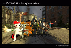 Size: 2020x1370 | Tagged: safe, artist:charlydasher, imported from derpibooru, oc, oc:blackjack, oc:calamity, oc:littlepip, fallout equestria, 3d, barney calhoun, comic, crossover, demoman, drunk, gmod, gordon freeman, half-life, half-life 2, happy, isaac kleiner, metrocop