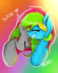 Size: 1024x1281 | Tagged: safe, artist:feathershine1, imported from derpibooru, oc, oc only, oc:night feather, earth pony, pony, bust, eyes closed, nuzzling, portrait