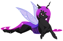 Size: 600x394 | Tagged: safe, artist:basykail, imported from derpibooru, oc, oc only, oc:night, changeling, changeling oc, female, mare, prone, purple changeling, simple background, solo, transparent background