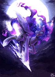 Size: 750x1050 | Tagged: safe, artist:thecorruptedprincess, imported from derpibooru, princess luna, female, moon, night, shooting star, smiling, solo