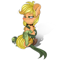 Size: 2048x2048 | Tagged: safe, artist:colorbrush, imported from derpibooru, applejack, bell, bell collar, blushing, clothes, collar, female, frown, heart eyes, ribbon, simple background, socks, solo, transparent background, wingding eyes