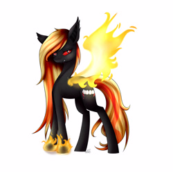 Size: 3000x3000 | Tagged: safe, artist:harmonyskish, imported from derpibooru, oc, oc only, oc:chainsaw heart, earth pony, pony, female, fiery wings, mare, simple background, solo, white background