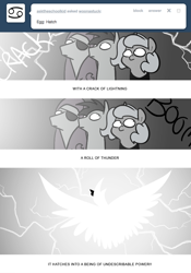 Size: 666x950 | Tagged: safe, artist:egophiliac, imported from derpibooru, princess luna, oc, oc:frolicsome meadowlark, oc:pebbl, oc:sunshine smiles (egophiliac), bat pony, pony, roc, moonstuck, crown, eyepatch, filly, grayscale, jewelry, lightning, monochrome, monster-fighting manteau, moon roc, regalia, woona, woonoggles, younger