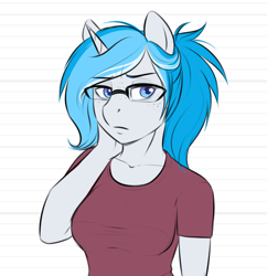 Size: 766x792 | Tagged: safe, artist:askbubblelee, imported from derpibooru, oc, oc only, oc:bubble lee, oc:imago, anthro, unicorn, anthro oc, blue eyes, bust, clothes, female, freckles, glasses, portrait, shirt, solo, teenager, younger