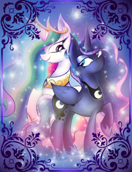 Size: 1024x1325 | Tagged: safe, artist:animechristy, imported from derpibooru, princess celestia, princess luna, duo, lidded eyes, looking at each other, raised hoof, royal sisters, smiling