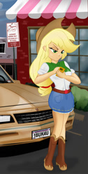 Size: 749x1484 | Tagged: safe, artist:ltrm35a2, imported from derpibooru, applejack, equestria girls, boots, car, cellphone, chevrolet, chevrolet monte carlo, clothes, cowboy hat, denim skirt, female, hat, phone, shop, skirt, solo, stetson