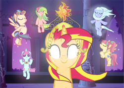 Size: 985x701 | Tagged: safe, artist:pinkdiamond1362, imported from derpibooru, indigo zap, lemon zest, sour sweet, sugarcoat, sunny flare, sunset shimmer, pony, unicorn, equestria girls, alternate mane six, alternate universe, big crown thingy, elements of harmony, equestria girls ponified, jewelry, ponified, regalia, scene interpretation, shadow five