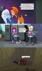 Size: 1278x2140 | Tagged: safe, artist:themexicanpunisher, imported from derpibooru, fuchsia blush, lavender lace, sunset shimmer, trixie, equestria girls, rainbow rocks, comic, female, screencap comic, speaker, tree, trixie and the illusions