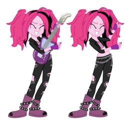 Size: 4096x4096 | Tagged: safe, alternate version, artist:mlprocker123, imported from derpibooru, pinkie pie, equestria girls, absurd resolution, alternate hairstyle, alternate universe, clothes, fingerless gloves, gloves, guitar, jacket, leather jacket, leather pants, midriff, pants, ripped pants, rock (music), rocker, rockerpie, rockers, simple background, spikes, transparent background