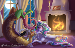 Size: 1625x1050 | Tagged: safe, artist:falleninthedark, imported from derpibooru, discord, princess celestia, alicorn, draconequus, pony, blushing, candle, carpet, dislestia, eye contact, fire, fireplace, looking at each other, male, moon, night, patreon, patreon logo, photo, preglestia, pregnant, shipping, smiling, straight, unshorn fetlocks, window