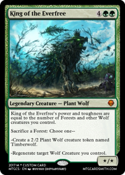 Size: 375x523 | Tagged: safe, artist:huussii, edit, editor:mordekaiserhuehuehue, imported from derpibooru, spike, timber wolf, badass, beautiful, card, crown, epic, glowing eyes, jewelry, king timber wolf, magic the gathering, majestic, regalia, scene interpretation, size difference, technical advanced, technically advanced, trading card, trading card edit