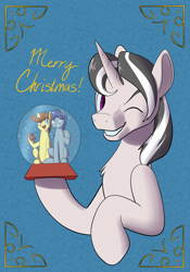 Size: 1400x2000 | Tagged: safe, artist:goat train, imported from derpibooru, oc, oc only, oc:ring, oc:tomson, christmas, commission, merry christmas, micro, one eye closed, snow globe, waving, wink