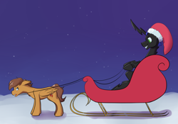 Size: 2000x1400 | Tagged: safe, artist:goat train, imported from derpibooru, oc, oc only, changeling, pegasus, pony, changeling oc, christmas changeling, commission, hat, reins, santa hat, sleigh, snow