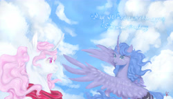 Size: 7000x4000 | Tagged: safe, artist:coconuthound, imported from derpibooru, princess celestia, princess luna, alicorn, pony, absurd resolution, cloud, crying, dialogue, female, flying, looking at each other, pink-mane celestia, royal sisters, sky, spread wings, teary eyes, windswept mane