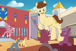 Size: 1280x853 | Tagged: safe, artist:goat train, imported from derpibooru, oc, oc only, oc:city sweep, oc:crimson comet, oc:frank, oc:ribbon step, pony, broom, clock tower, cloud, commission, giant pony, macro, sky