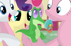 Size: 3453x2252 | Tagged: safe, artist:porygon2z, imported from derpibooru, fluttershy, gummy, pinkie pie, rarity, alligator, reptile, the one where pinkie pie knows, door, hoof hold, pacifier, scene interpretation