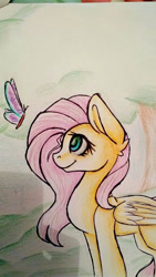 Size: 585x1040 | Tagged: safe, artist:demim0n, imported from derpibooru, fluttershy, butterfly, color correction, female, folded wings, looking at something, looking up, profile, solo, standing, stray strand, traditional art, tree