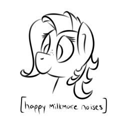 Size: 800x800 | Tagged: safe, artist:glimglam, imported from derpibooru, oc, oc only, oc:milky way, bust, descriptive noise, freckles, horse noises, meme, monochrome, simple background, smiling, solo, white background