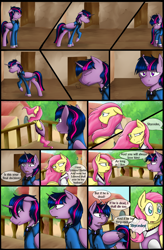 Size: 1280x1947 | Tagged: safe, artist:stuflox, imported from derpibooru, fluttershy, twilight sparkle, alicorn, pony, comic:the count of monte rainbow, the count of monte rainbow, balcony, clothes, comic, dress, implied rainbow dash, mondego, monsparkle, pacing, shycedes, snorting, suit, the count of monte cristo, twilight sparkle (alicorn)