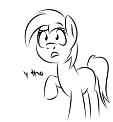 Size: 562x605 | Tagged: safe, artist:glimglam, imported from derpibooru, oc, oc only, oc:generic monochrome meme horse, earth pony, pony, frown, monochrome, open mouth, raised eyebrow, raised hoof, simple background, solo, white background, why, wide eyes, y tho